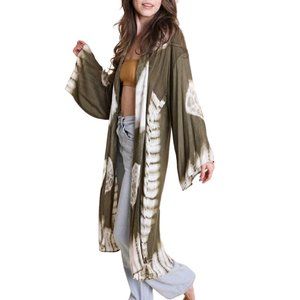 Olive Green Tie Dye Kimono Long Length Sleeve One Size Boho Duster Cardigan NWOT